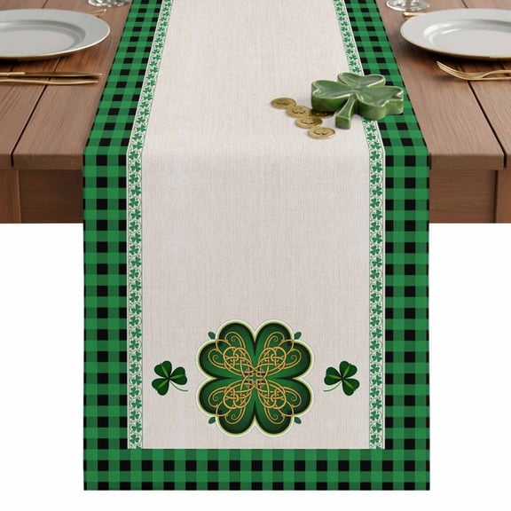 Saint Patrick's Day Table Runner 13 x 36 Inch, Green Gold Lucky Shamrock Leaves Green Buffalo Plaid Washable Cotton Linen Dining Table Runner Tabletop Decorations for Restaurant Home Kitchen Party