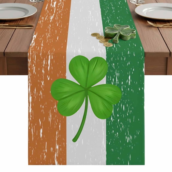 Saint Patrick's Day Table Runner 13 x 36 Inch, Mottled Green White Orange Flag Green Lucky Shamrocks Washable Cotton Linen Dining Table Runner Tabletop Decorations for Restaurant Home Kitchen Party