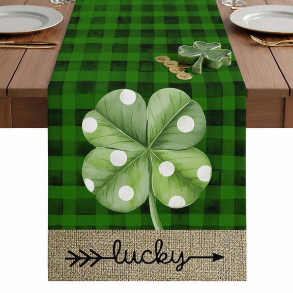 Saint Patrick's Day Table Runner 13 x 48 Inch, Watercolor Green Dots Lucky Shamrocks Dark Green Plaid Washable Cotton Linen Dining Table Runner Tabletop Decorations for Restaurant Home Kitchen Party
