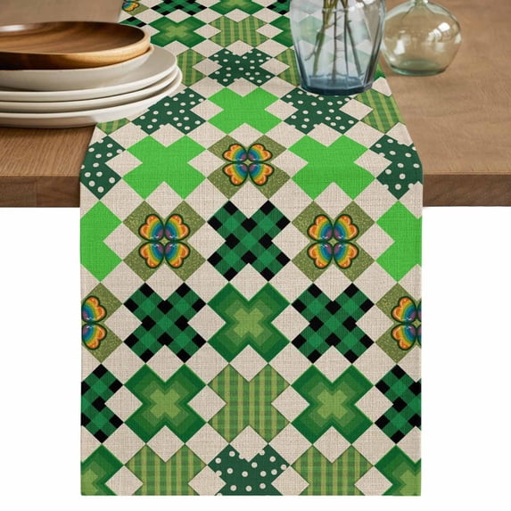 Saint Patrick's Day Table Runner 90 Inches, Vintage Green Plaid Lucky Clovers Bed Runner Dresser Scarves Tabletop for Indoor Outdoor Parties/Ceremony/Banquet, 13" x 90"
