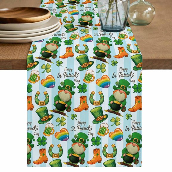 Saint Patrick's Day Table Runner, Gnomes Hat Boot Clovers Blue Stripes Washable Cotton Linen Table Runners 36 Inches Long, Dresser Scarf Runner for Nightstand/End Tables/Round Tables 13''x36''