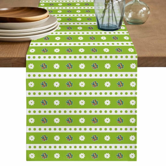 Saint Patrick's Day Table Runner, Green Colorful Clovers Leaves Stripes Washable Cotton Linen Table Runners 90 Inches Long, Dresser Scarf Runner for Dining/Coffee/Kitchen/Hallway Tables 13''x90''