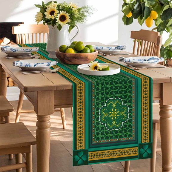 Saint Patrick's Day Table Runner, Vintage Celtic Knots Green Yellow Lucky Shamrocks Border Washable Kitchen Table Runners Dress Scarves for Dining Table Decorations Party/Restaurant, 13x72in