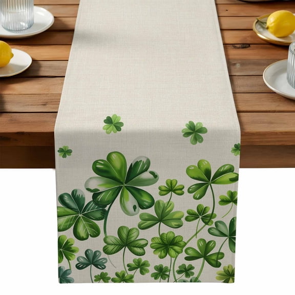 Saint Patrick's Day Table Runner, Watercolor Gradient Green Shamrocks Linen Texture Washable Kitchen Table Runners Dress Scarves for Dining Table Decorations Party, 13x36in