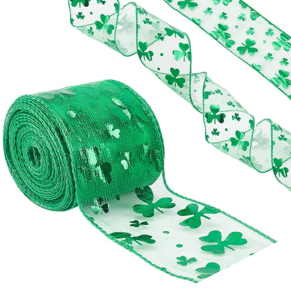Saint Patrick's Day Theme Polyester Shamrock Printed Ribbon Clover Ribbon Dark Green 2 inch(50mm) 15 yards/roll