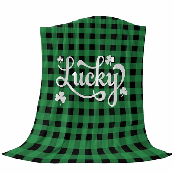 Saint Patrick's Day Throw Flannel Blanket Abstract Lucky Shamrock Black Green Buffalo Plaid Super Soft Cozy Bed Blanket, Lightweight Plush Fuzzy Bed Throw for Bedroom Sofa Couch Living Room 40x60In,
