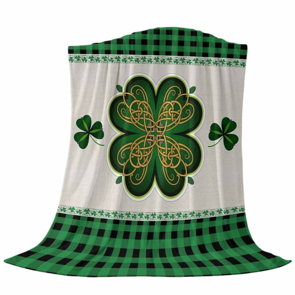 Saint Patrick's Day Throw Flannel Blanket Green Gold Lucky Shamrock Leaves Green Buffalo Plaid Super Soft Cozy Bed Blanket, Lightweight Plush Fuzzy Bed Throw for Bedroom Sofa Couch 50x60In,