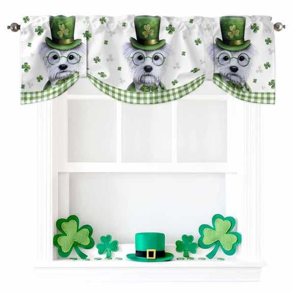 Saint Patrick's Day Tie Up Valances Curtain, Green Shamrock Cute Puppy Plaid White Background Adjustable Rod Pocket Short Window Treatment Tie Up Curtains Valances for Kitchen Living Room 60x18 Inch