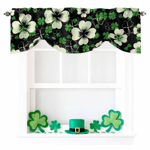 Saint Patrick's Day Tie Up Valances Curtain, Shiny Green White Lines Lucky Shamrocks Plant Black Adjustable Rod Pocket Short Window Treatment Tie Up Curtains Valances for Kitchen Living Room 54x18 In