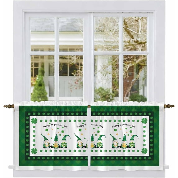 Saint Patrick''s Day Tier Curtains 36 Inch Length, Spring Gnomes Four-leaf Grass Cafe Short Curtains for Bathroom Over Sink, Small Kitchen Curtain Light Filtering Drapes 2 Panels, 27.5"Wx36"L