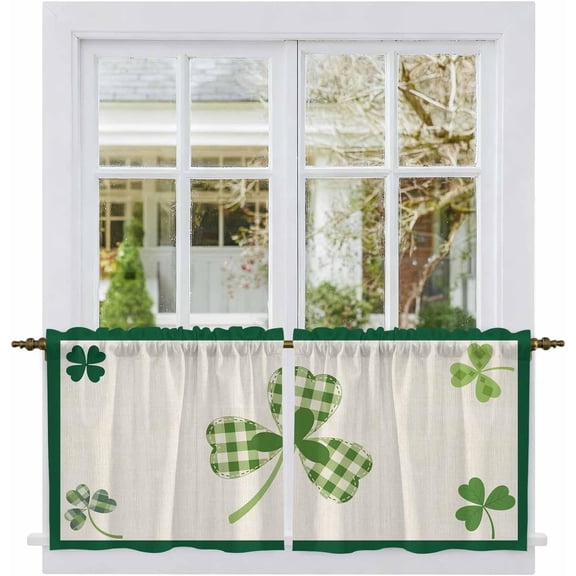 Saint Patrick''s Day Tier Curtains, Spring Green Plaid Leaves Vintage Light Filtering Kitchen Curtains, 2Pcs Rod Pocket Half Window Treatments Panels for Sink Cafe Cabinet Camper 27.5x36 Inche