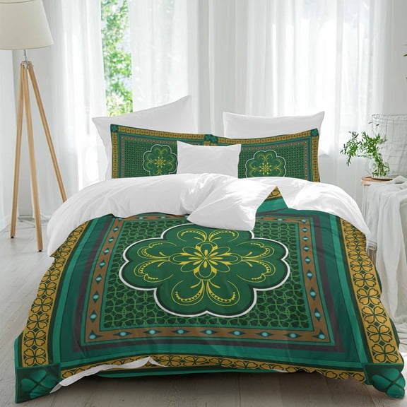Saint Patrick's Day Twin Size Comforter Set, Vintage Celtic Knots Green Yellow Shamrocks Bedding for All Seasons, 4 Pcs Bed Set, 1 Quiltcover (68"x86") ,1Sheet(67"x116"), 2Pillowcases (30"x20")
