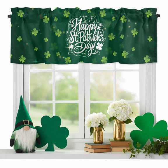 Saint Patrick's Day Valance Curtain for Windows Shiny Green Lucky Shamrocks Plant Green Rod Pocket Curtain Valances Short Window Treatment for Kitchen Bathroom Laundry Room Basement 60 x 18 Inch