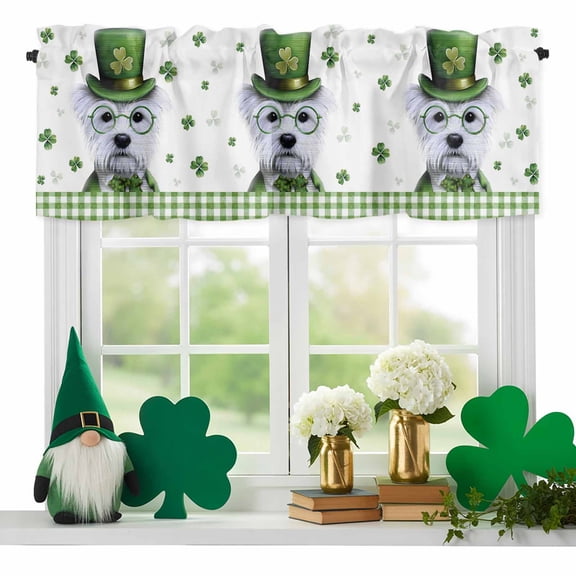 Saint Patrick's Day Valances for Windows, Green Shamrock Cute Puppy Plaid White Background Rod Pocket Valance Short Window Treatments Curtains for Kitchen Bathroom Bedroom Decor, 60 x 18 Inches
