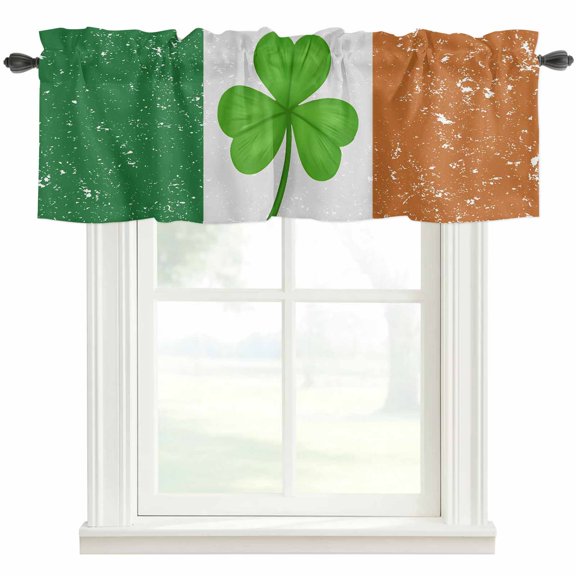 Saint Patrick's Day Valances for Windows Mottled Green White Orange Flag Green Lucky Shamrocks Rod Pocket Curtain Valance Window Treatment Short Curtains for Kitchen Living Room, 42"x12"