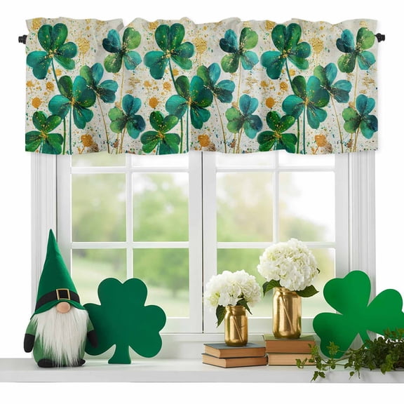 Saint Patrick's Day Valances for Windows, Spring Green Shamrock Oil-Painting Leaf Rod Pocket Valance Short Window Treatments Curtains for Kitchen Bathroom Bedroom Decor, 42 x 18 Inches