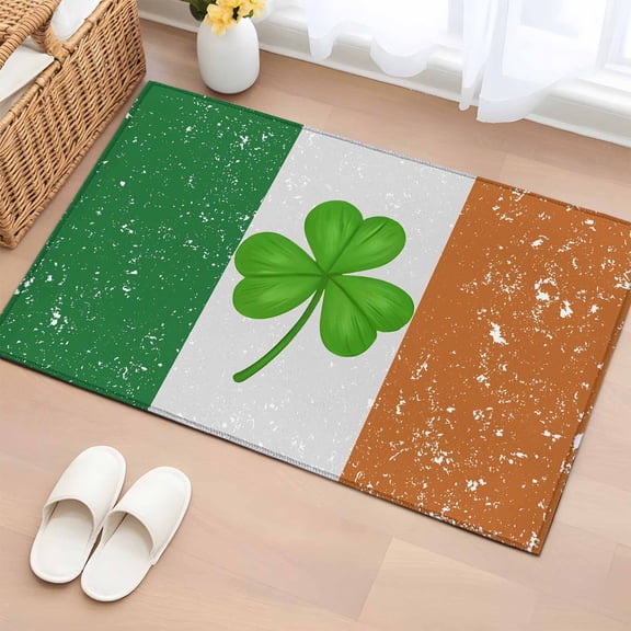 Saint Patrick's Day Washable Area Rug 2 x 3 ft Mottled Green White Orange Flag Green Lucky Shamrocks, Soft Non Slip Rugs Stain Repellent Indoor Felt Carpet for Living Dining Room Bedroom Home Office