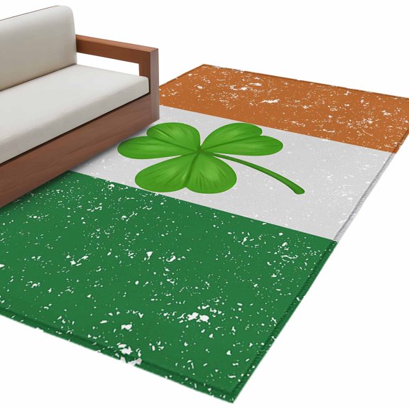 Saint Patrick's Day Washable Area Rug 3x5ft Mottled Green White Orange Flag Green Lucky Shamrocks Soft Rectangle Rugs for Living Room, Non Slip Carpet for Bedroom Entryway Dining Room