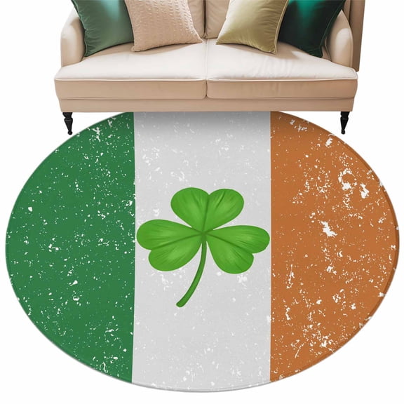 Saint Patrick's Day Washable Area Rug 5 ft Mottled Green White Orange Flag Green Lucky Shamrocks Soft Round Rugs for Living Room, Non Slip Carpet for Bedroom Entryway Dining Room
