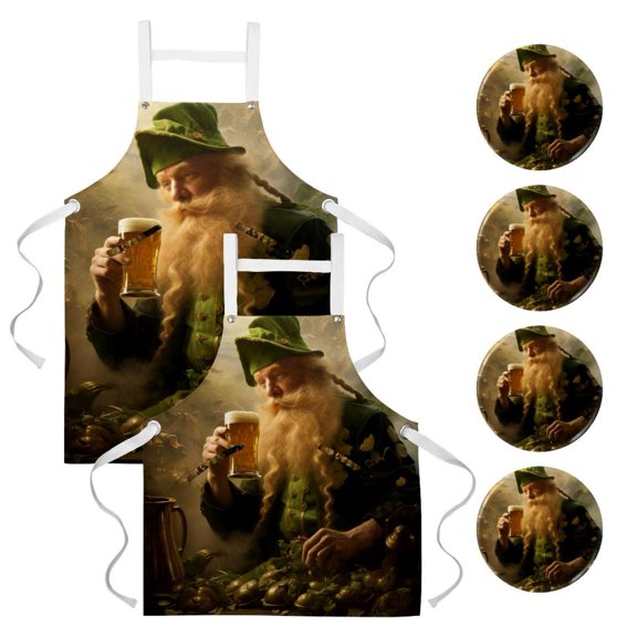 Saint Patrick's Day Waterproof 2 Pack Circle Pins Buttons Waitress Apron with Pockets and Badge Set