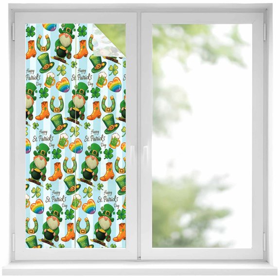 Saint Patrick's Day Window Privacy Film, Gnomes Hat Boot Clovers Blue Stripes Static Cling UV Sun Blocking Heat Control Window Tint Day and Night, Non-Adhesive One Way Privacy Cover 17.7''x39.3''