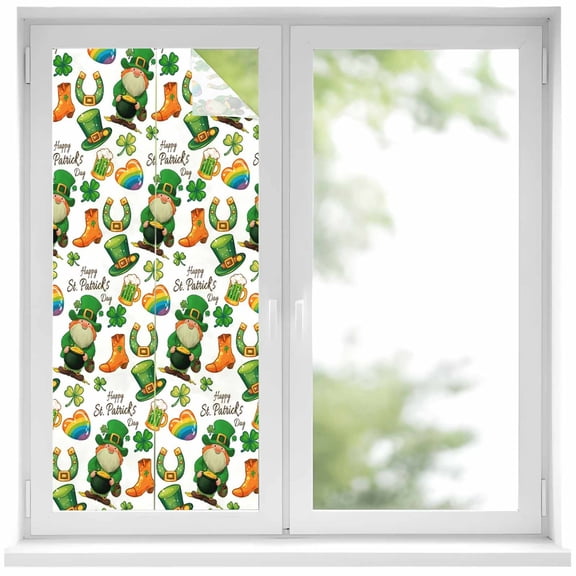 Saint Patrick's Day Window Privacy Film, Gnomes Hats Boots Clovers Leaves Static Cling UV Sun Blocking Heat Control Window Tint Day and Night, Non-Adhesive One Way Windows Privacy Cover 19.6''x39.3''