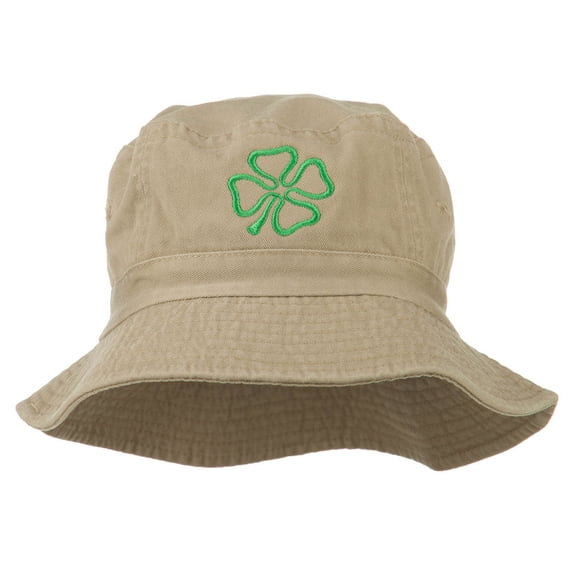 Saint Patrick's Four Leaf Clover Embroidered Bucket Hat - Khaki OSFM