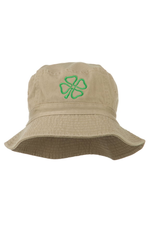 Saint Patrick's Four Leaf Clover Embroidered Bucket Hat - Khaki OSFM