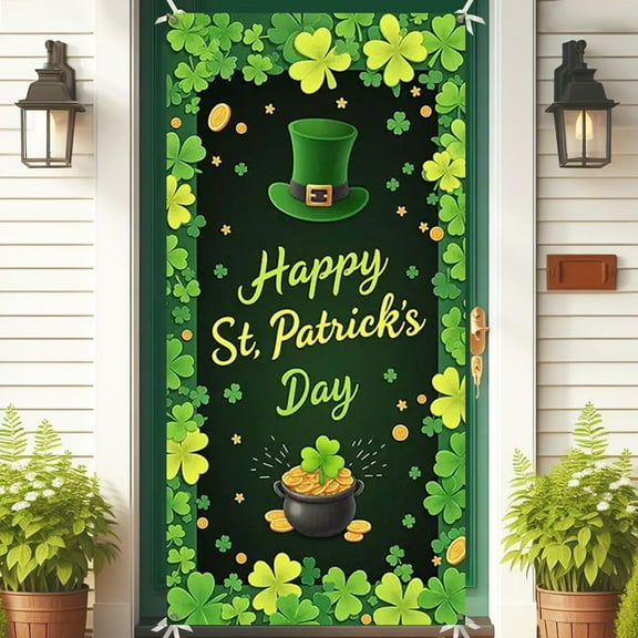 Saint Patricks Day Decorations Happy St. Patrick's Day Door Cover Green Shamrocks Spring Backdrop Leprechaun Hat Gold Coin Pot Background Banner for Irish Holiday Party Decoration Supplies