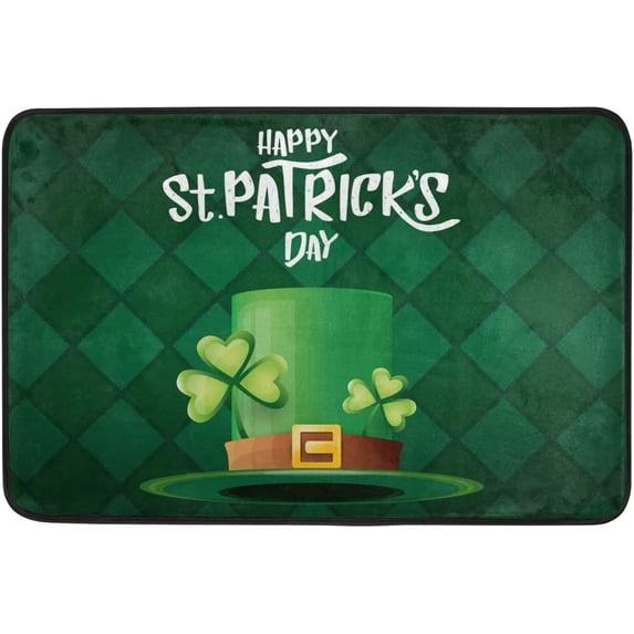 Saint Patricks Day Door Mat Non-Slip Green Clover Hat Plaid Doormats Washable Floor Mat Home Decor Area Rug Carpets for Kitchen Living Bedroom Indoor Outdoors Use 23.6 x 15.7 Inch