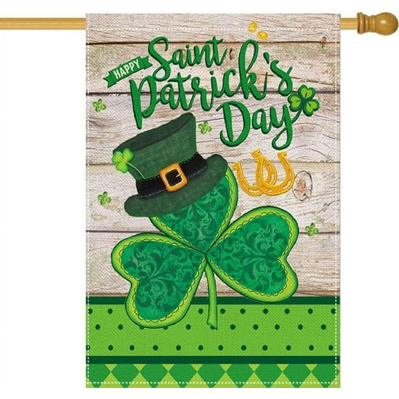 Saint Patricks Day House Flag 28 x 40 Inch Lucky Shamrock Clovers Green Hat Decorative Double Sided Burlap Flag for Farmhouse Yard Outdoor Holiday Decor