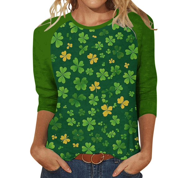 Saint Patricks Day Outfit Women 3/4 Sleeve Crew Neck Raglan Tee Shamrock Clover Shirt Loose Fit Soft Tops Green Irish Blouse