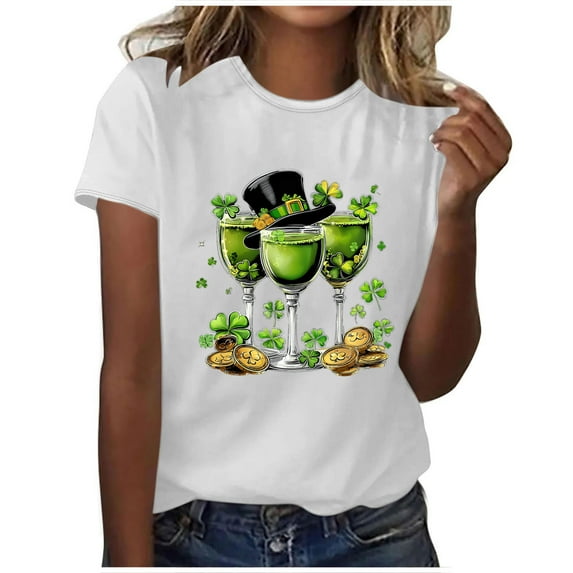 Saint Patricks Day Outfit Women Clover Shamrock Four Leaf T-Shirt Short Sleeve Round Neck Shirts Cute Going Out Summer Tops