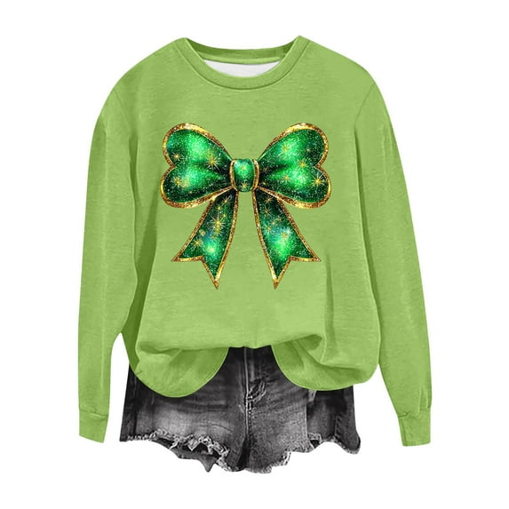 Saint Patricks Day Outfit Women Green Ribbon Bow Shirts Casual Long Sleeve Sweatshirt Crew Neck Pullover Tops Irish Shirts for Women