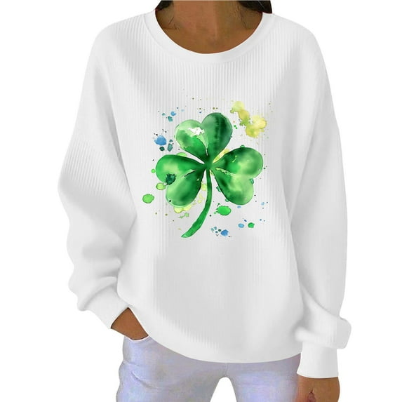 Saint Patricks Day Outfit Women Ribbed Long Sleeve Tops Green Irish Shamrock Print Sweatshirt Drop Shoulder Casual Pullover