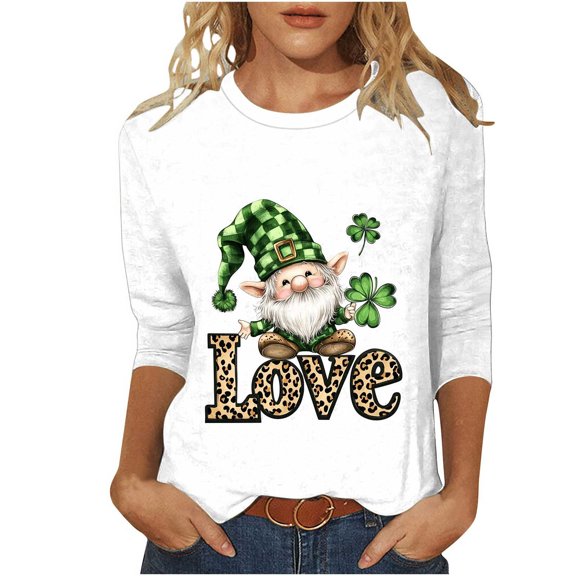 Saint Patricks Day Outfit Women Round Neck 3/4 Sleeve Tops St Patrick's Day Shamrock Graphic Shirts Casual Loose Blouses