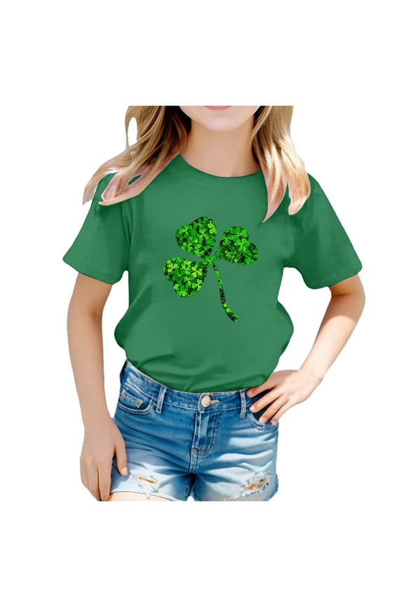 Saint Patricks Day Shirt Kids Funny Shamrock Cotton Short Sleeve T Shirt Top Crewneck Girls Summer Tops T-Shirts Green,8-9 Years
