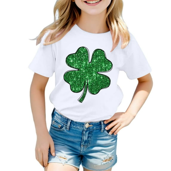 Saint Patricks Day Shirt Kids Round Neck Shamrock Four Leaf Clover Short Sleeve Cotton Preppy Tops T-Shirt Boys & Girls Shirts 6-7 Years