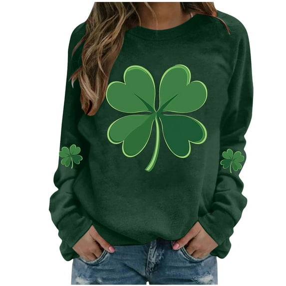 Saint Patricks Day Shirt Women Four Leaf Clover Shirts St Patricks Day Long Sleeve Shirt Irish Festival Outfit Green Crewneck Sweatshirt