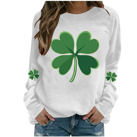 Saint Patricks Day Shirt Women Four Leaf Clover Shirts St Patricks Day Long Sleeve Shirt Irish Festival Outfit Green Crewneck Sweatshirt