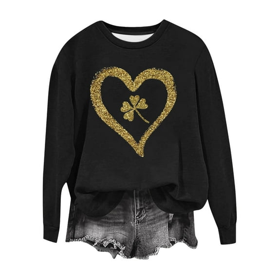 Saint Patricks Day Shirt Women Long Sleeve Casual Tops Heart Shamrock Shirt Graphic Pullover Crewneck Sweatshirt Irish Festival Outfit