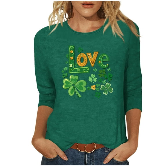 Saint Patricks Day Shirt Women Love Shamrock Graphic Tees 3/4 Sleeve Crew Neck Casual Tops Trendy Blouses St Patricks Day Outfit