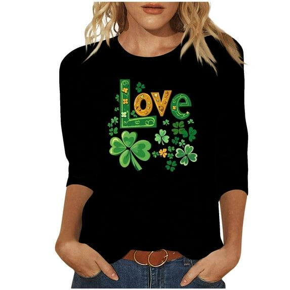 Saint Patricks Day Shirt Women Love Shamrock Graphic Tees 3/4 Sleeve Crew Neck Casual Tops Trendy Blouses St Patricks Day Outfit
