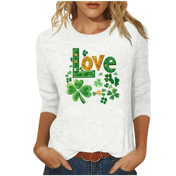 Saint Patricks Day Shirt Women Love Shamrock Graphic Tees 3/4 Sleeve Crew Neck Casual Tops Trendy Blouses St Patricks Day Outfit