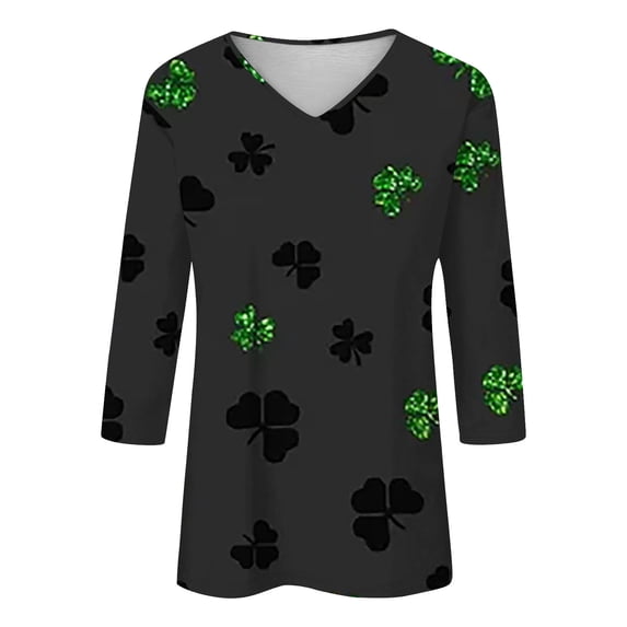 Saint Patricks Day Shirts for Women Green Clover T-Shirts Shamrock Print Shirts Saint Patrick's Tunic Tops Raglan Tops Irish Shamrocks Outfit 3/4 Sleeve Tshirts V Neck Spring Fall Clothes S-3XL
