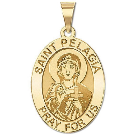 Saint Pelagia (female) Medal OVAL - 1/2 X 2/3 Inch Size of Dime, Solid 14K Yellow Gold