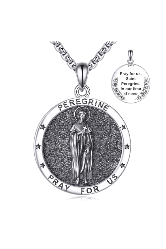 Saint Peregrine Necklace for Men Women 925 Sterling Silver St Peregrine Pendant Prayer Inscription, Religious Gift for Faith and Healing