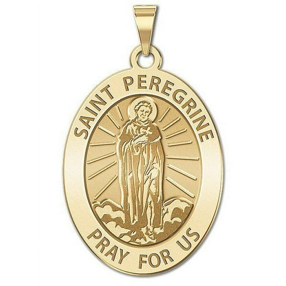 Saint Peregrine - OVAL - 2/3 X 3/4 Inch Size of Nickel, Solid 14K Yellow Gold