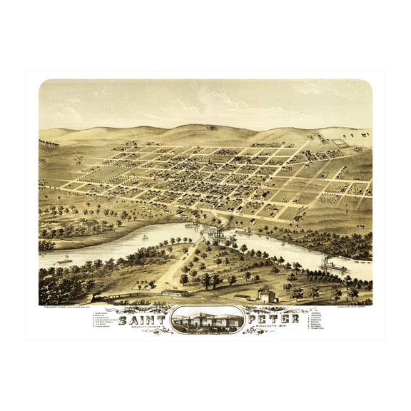 Saint Peter Art, 1870 Vintage Map of Saint Peter Minnesota, MN History Wall Decor Gift, Old Saint Peter Map - 24" x 18" Unframed Print
