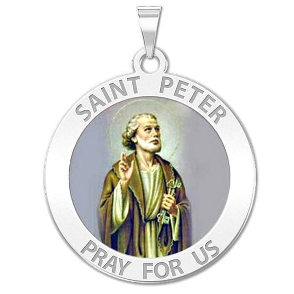Saint Peter Religious Medal Color - 1 Inch Size of a Quarter in Solid 14K White Gold